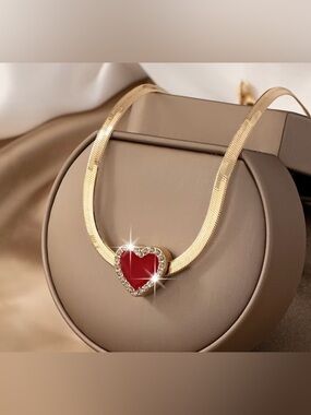 Gold Herringbone Link Necklace with Red Heart Pendant NWT